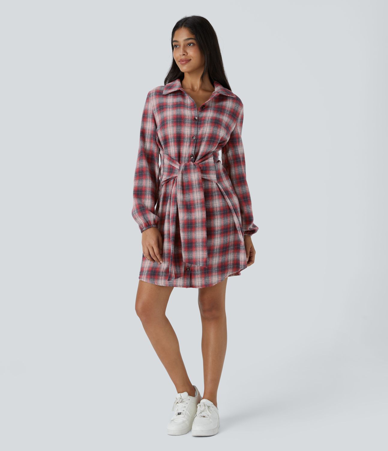 Vestido corto casual a cuadros con botones y lazo frontal