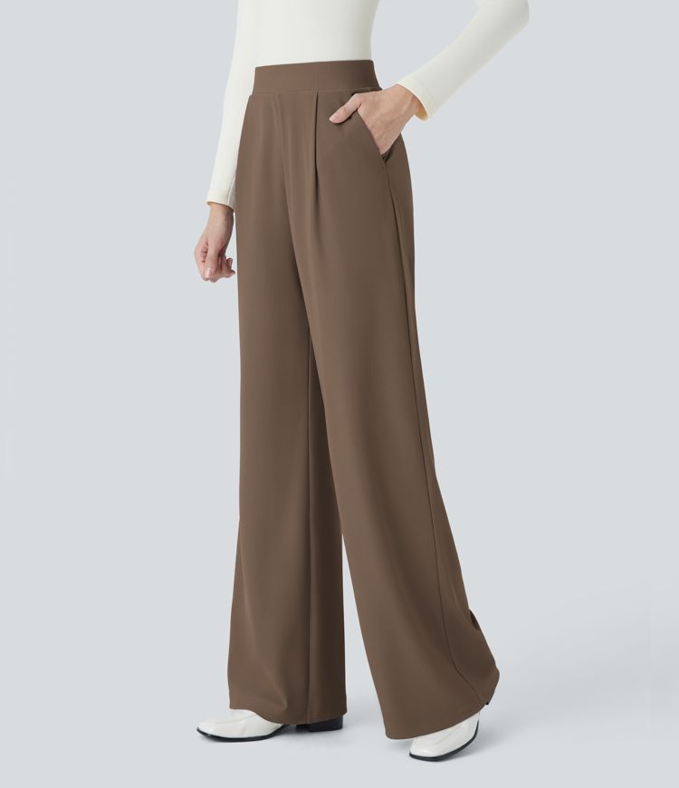 High Waisted Body Sculpt Waist-Slimming Side Pocket Wide Leg Micro Waffle Work Pants