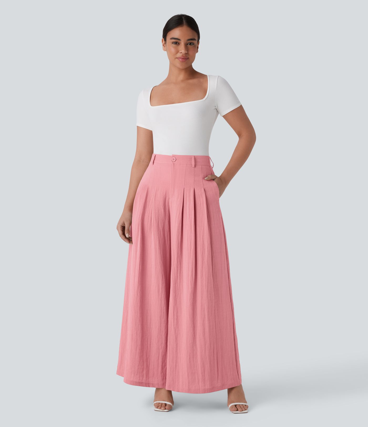 Halara Flex™ High Waisted Zipper Pocket Wide Leg Flowy Work Linen-Feel Trousers