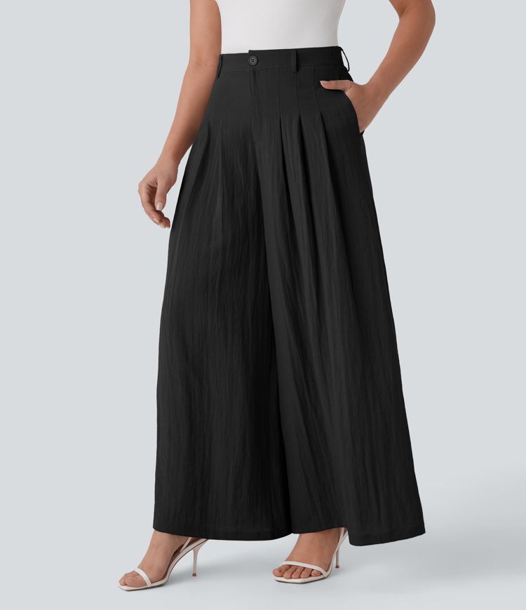 Halara Flex™ High Waisted Zipper Pocket Wide Leg Flowy Work Linen-Feel Pants