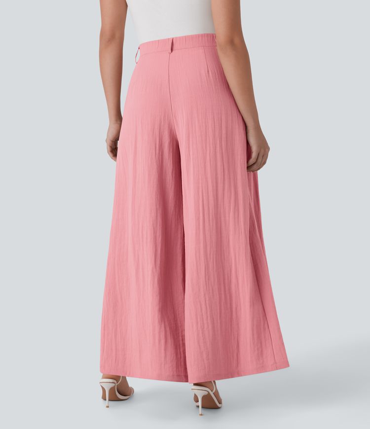 High Waisted Zipper Pocket Wide Leg Flowy Work Linen-Feel Pants
