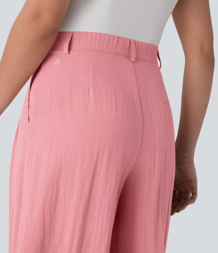 High Waisted Zipper Pocket Wide Leg Flowy Work Linen-Feel Pants