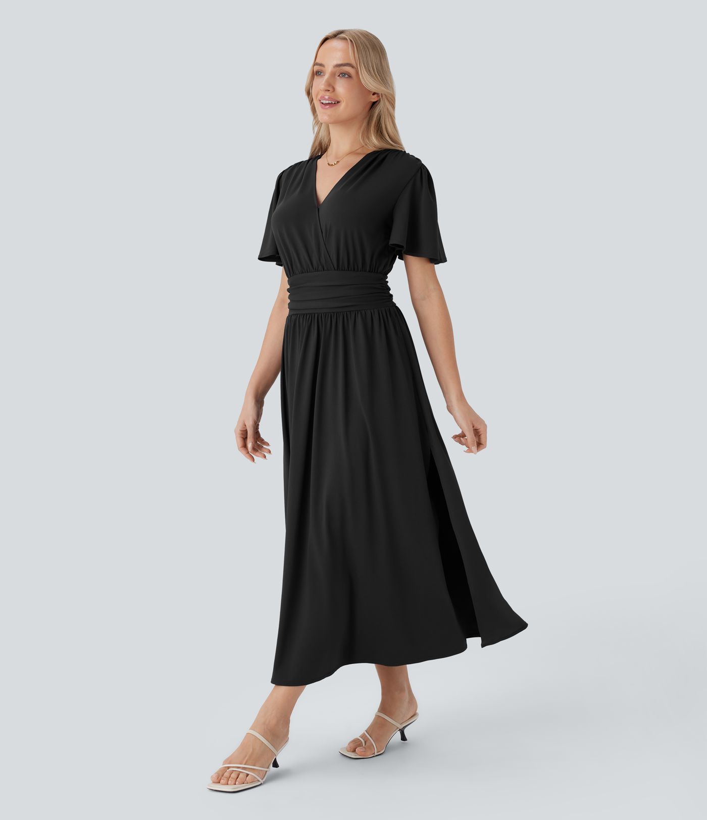 V Neck Short Sleeve Draped Flowy Midi Dress