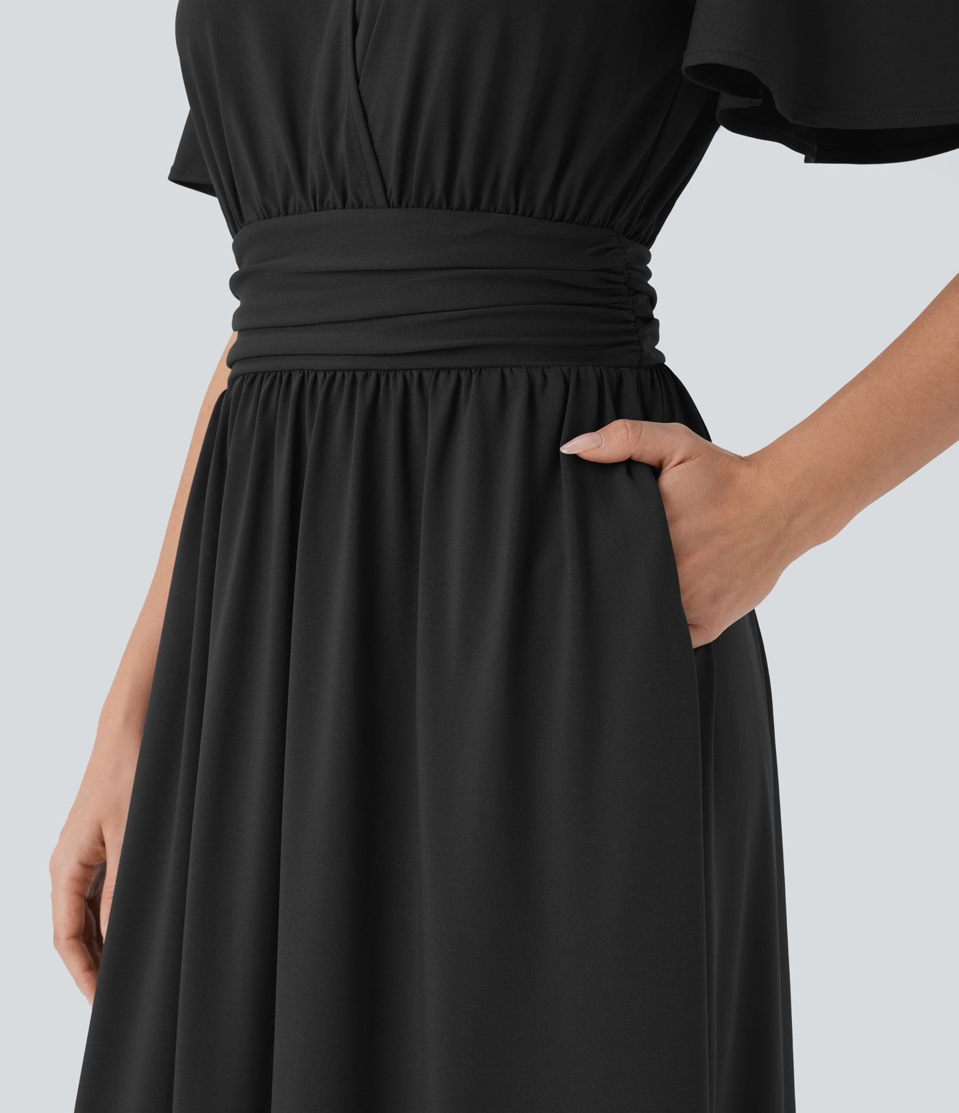 V Neck Short Sleeve Draped Flowy Midi Dress