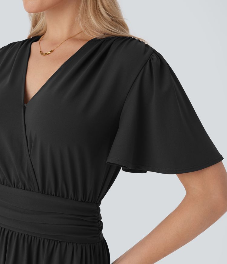 V Neck Short Sleeve Draped Flowy Midi Dress