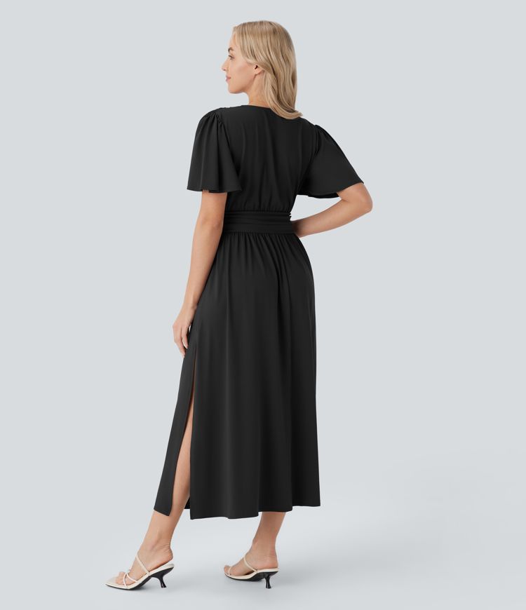 V Neck Short Sleeve Draped Split Flowy Midi Resort Dress