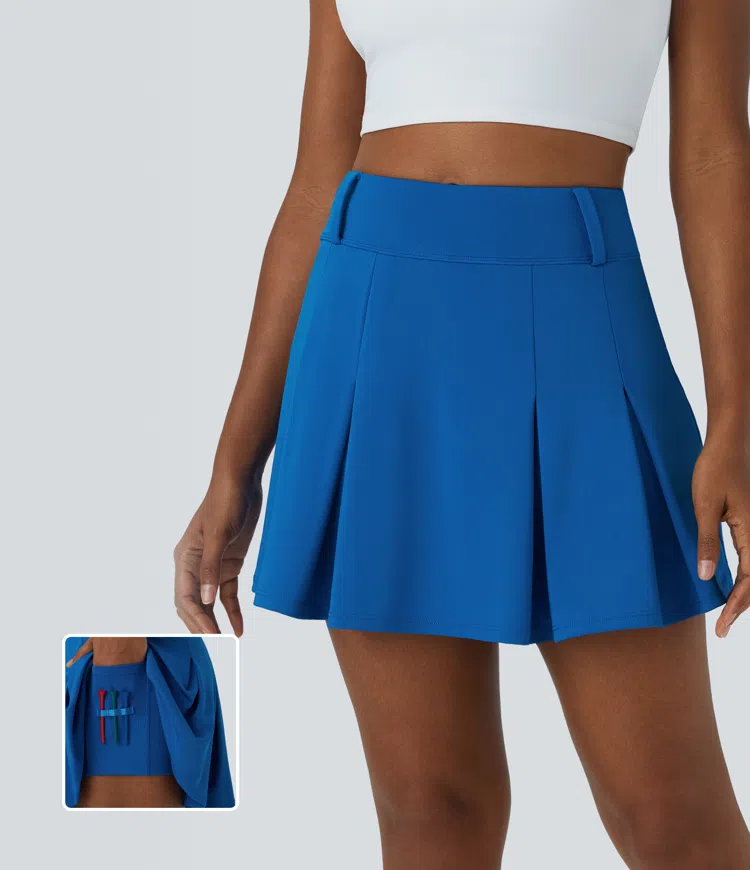 High Waisted 2-in-1 Pocket A Line Pleated Golf Skirt-Golf Tee Pocket