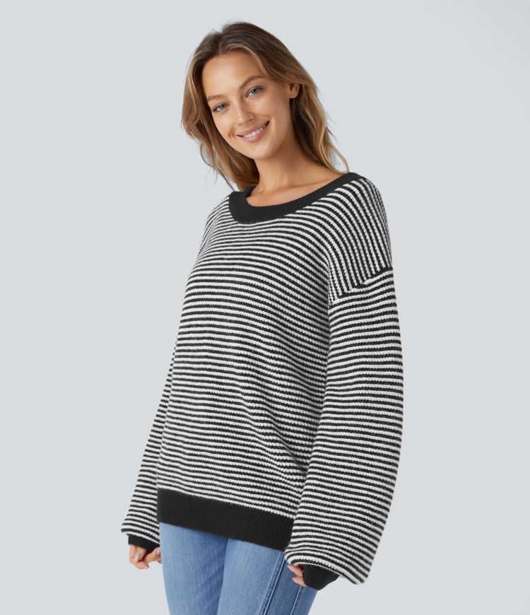 Scoop Neck Dropped Shoulder Color Block Stripe Relax Casual Sweater