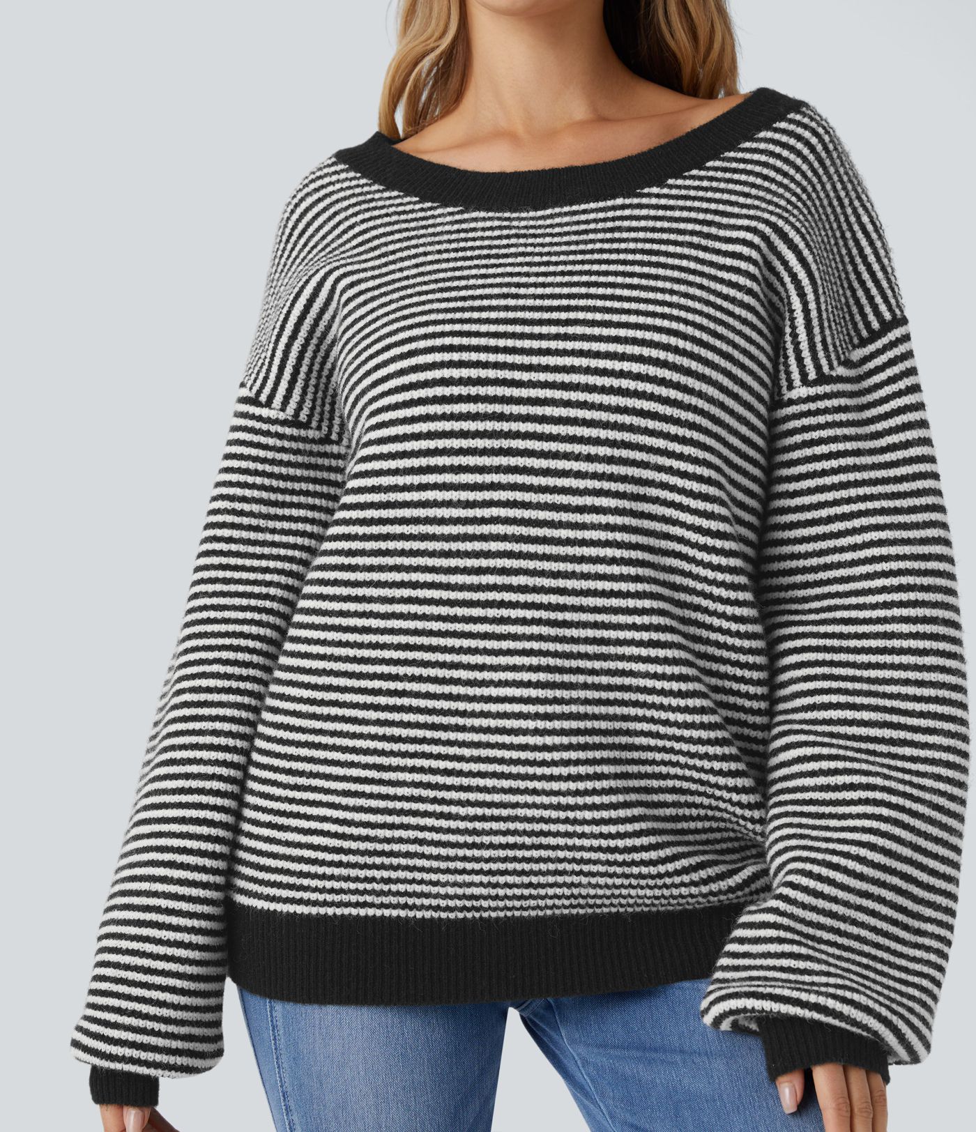 Scoop Neck Dropped Shoulder Color Block Stripe Relax Casual Sweater