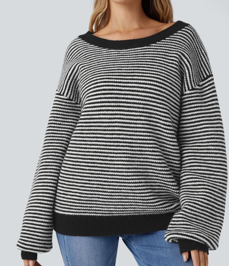 Scoop Neck Dropped Shoulder Color Block Stripe Relax Casual Sweater
