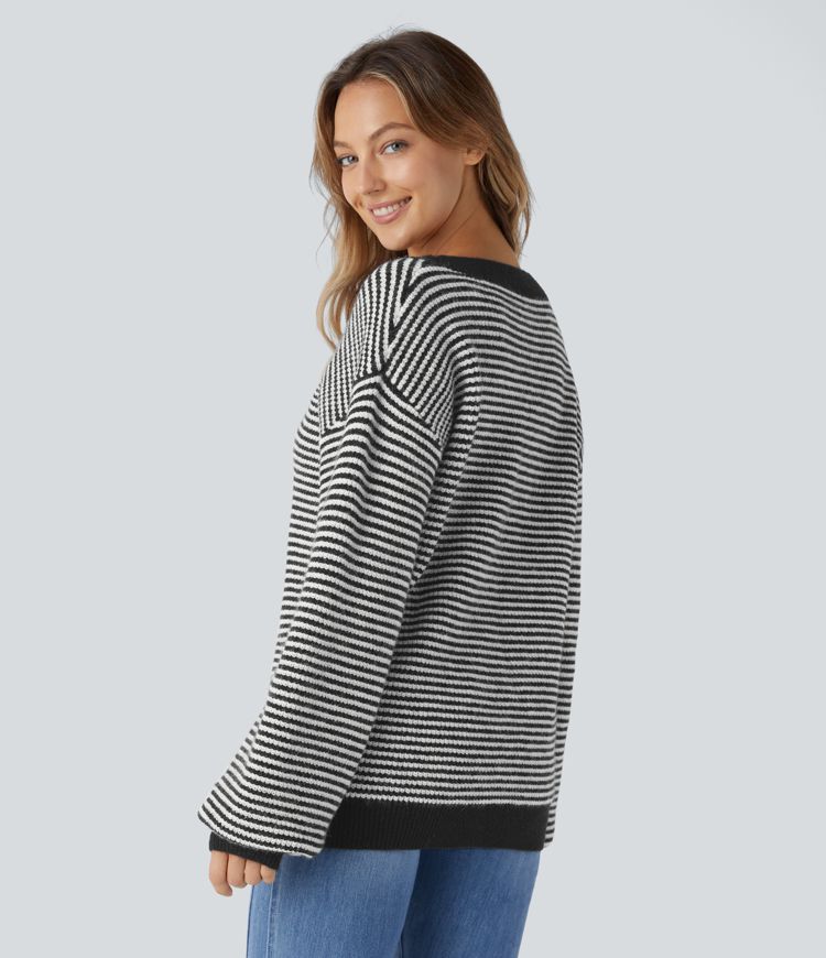 Scoop Neck Dropped Shoulder Color Block Stripe Relax Casual Sweater