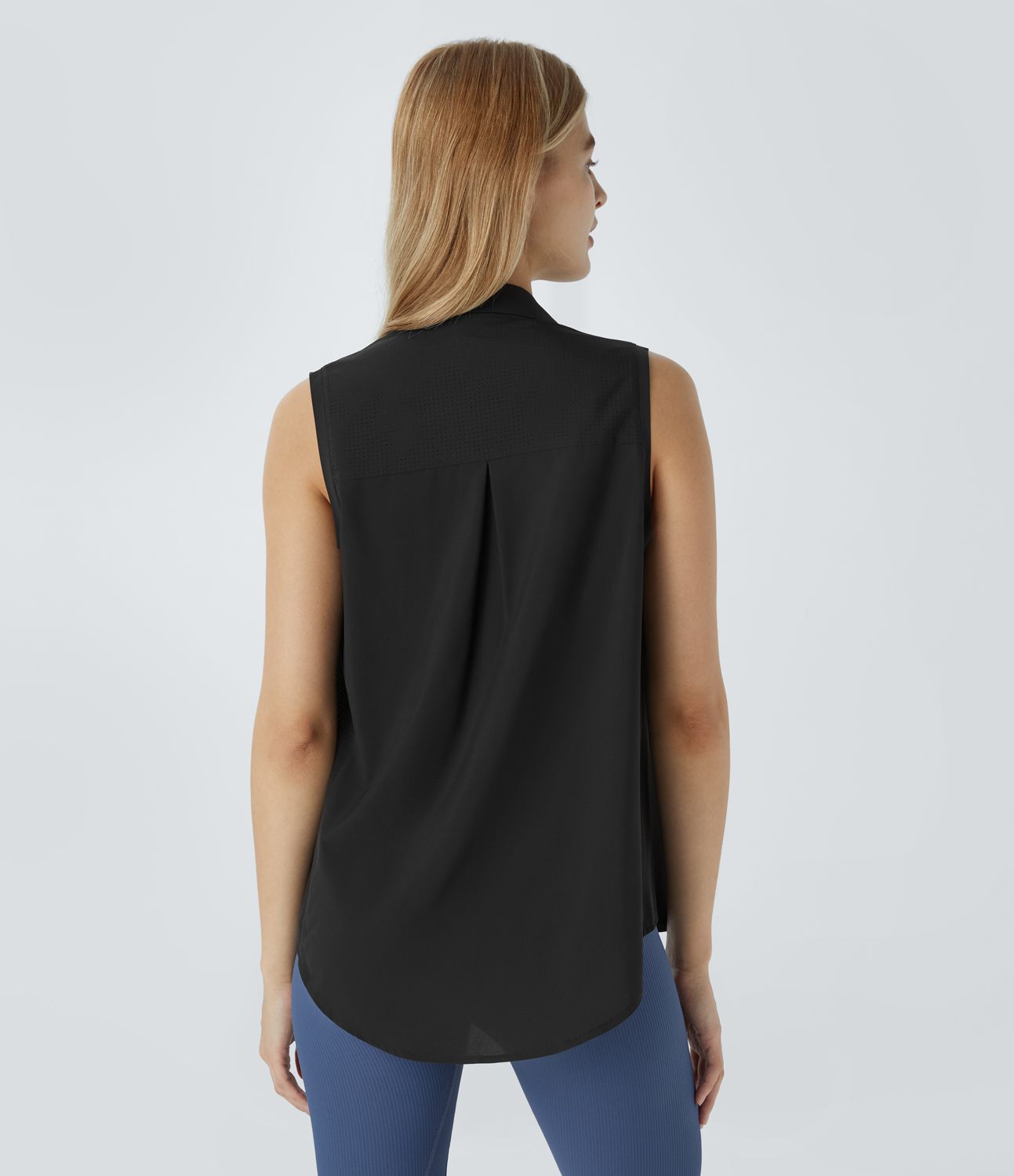 Collared Sleeveless Button Curved Hem Hiking Shirt Collared Sleeveless Button Curved Hem Hiking Shirt