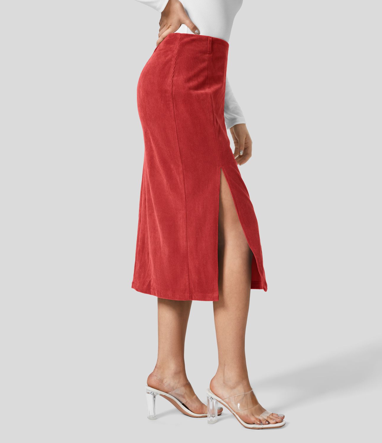 Yüksek Bel Etek Ucu Midi Kadife Günlük Etek