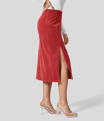 Yüksek Bel Etek Ucu Midi Kadife Günlük Etek