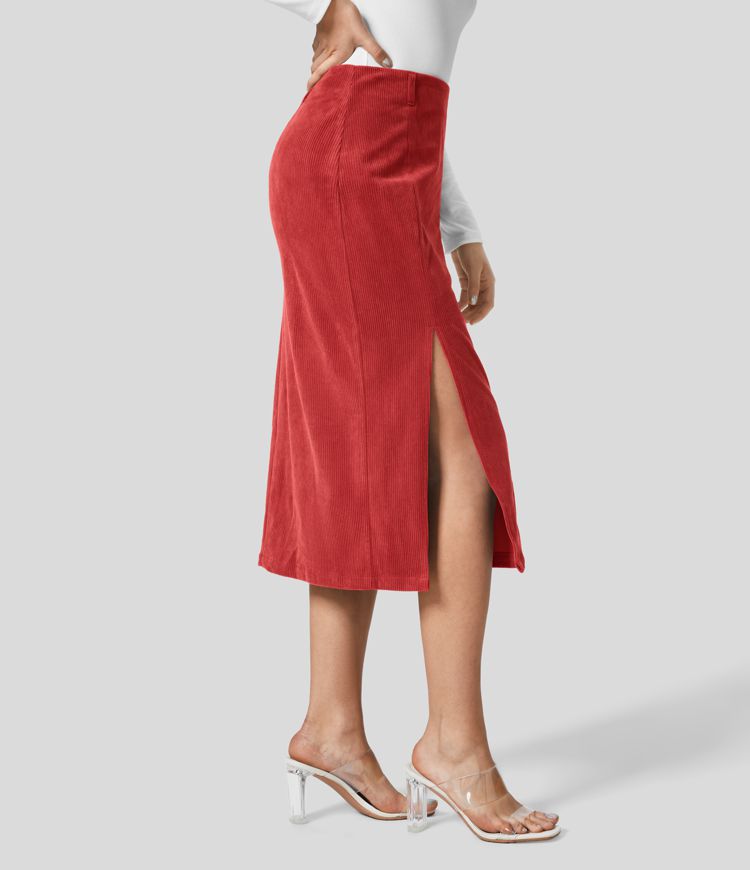 Yüksek Bel Etek Ucu Midi Kadife Günlük Etek