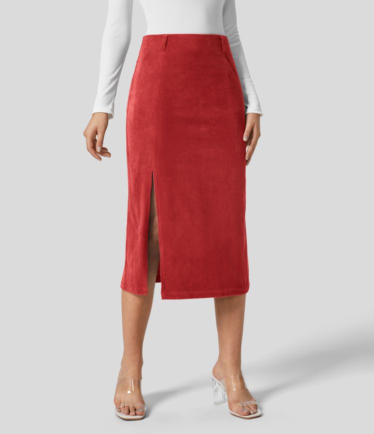 Yüksek Bel Etek Ucu Midi Kadife Günlük Etek