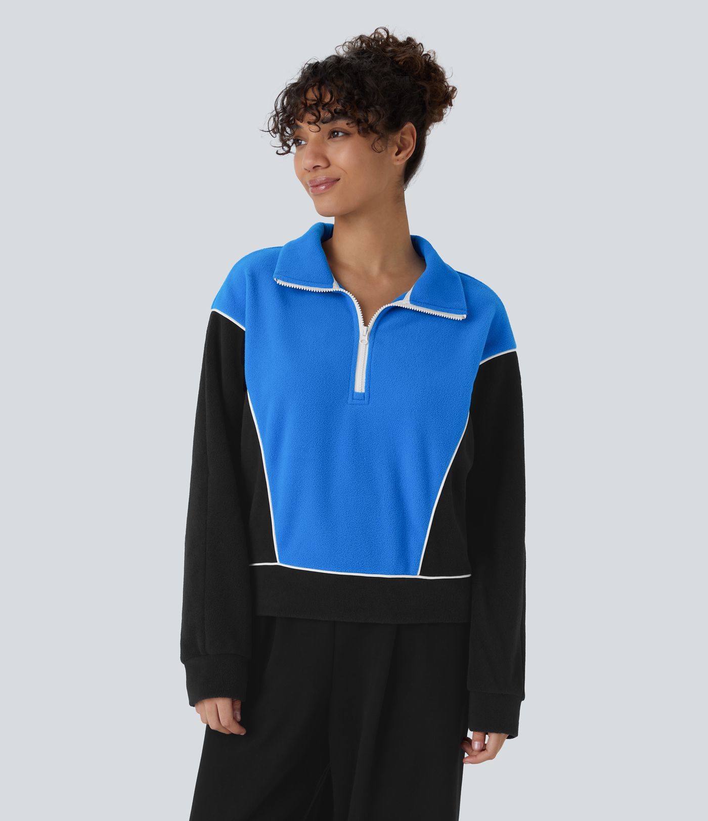 Stand Collar Half Zip Long Sleeve Colour Block Fleece Casual Sweatshirt