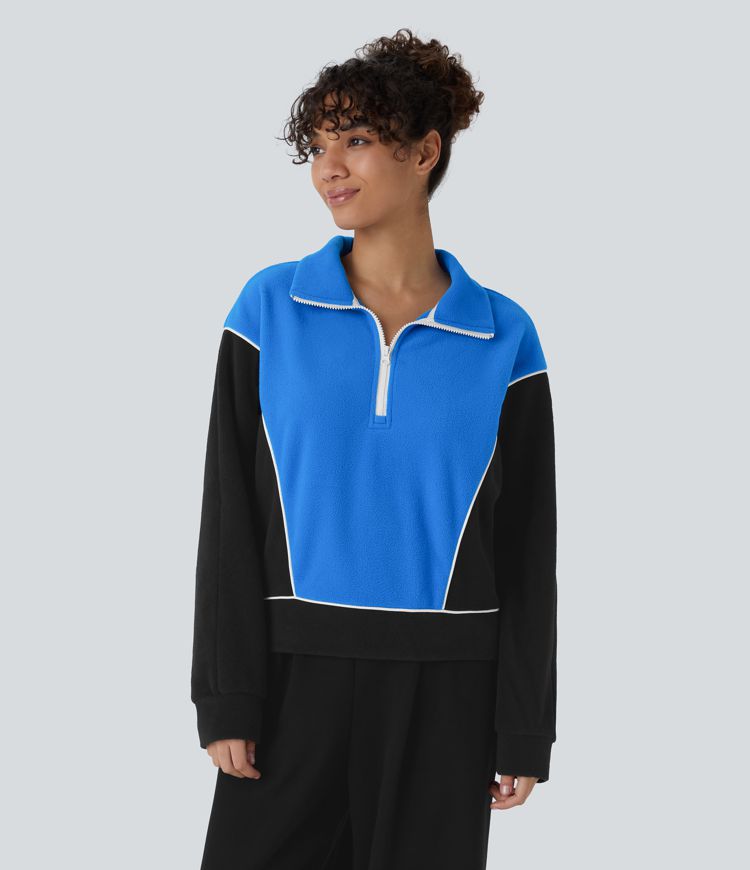 Stand Collar Half Zip Long Sleeve Colour Block Fleece Casual Sweatshirt