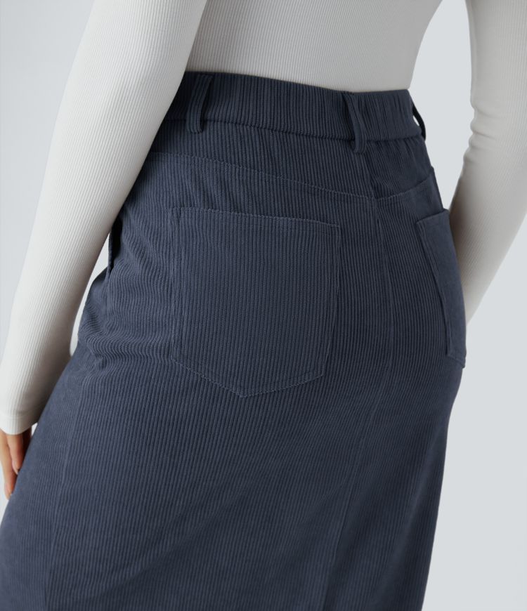 ハイウエスト ボタン ジッパー マルチポケット スプリット ミディ コーデュロイ ワークスカート