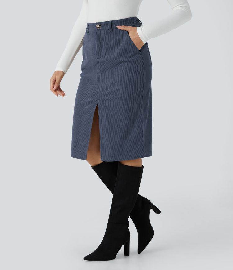 ハイウエスト ボタン ジッパー マルチポケット スプリット ミディ コーデュロイ ワークスカート