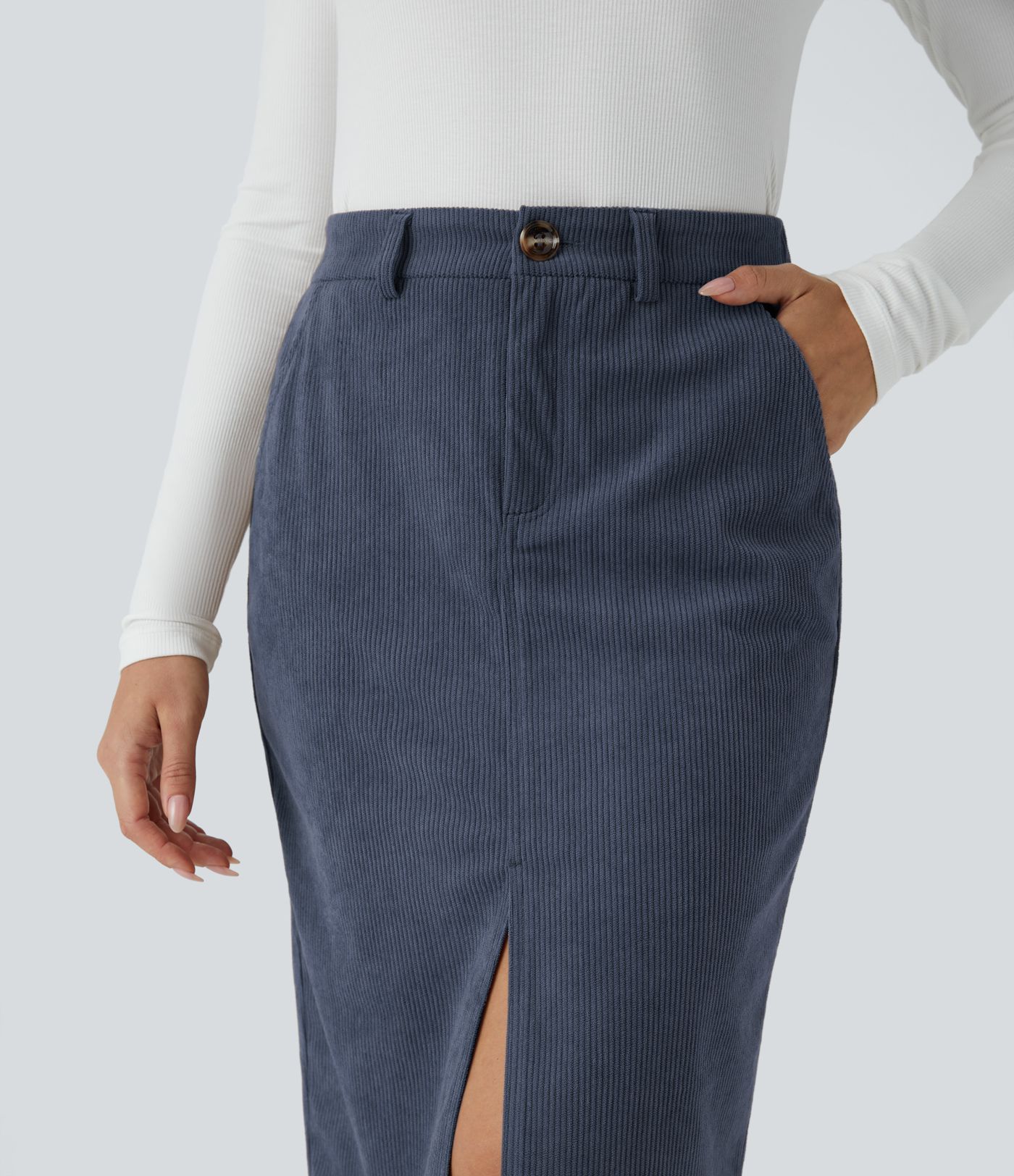 ハイウエスト ボタン ジッパー マルチポケット スプリット ミディ コーデュロイ ワークスカート