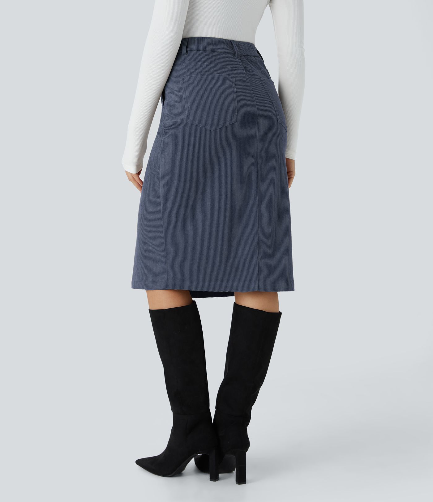 ハイウエスト ボタン ジッパー マルチポケット スプリット ミディ コーデュロイ ワークスカート