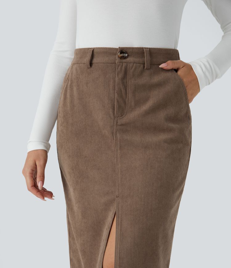 Falda oficina pana midi dividida tiro alto botón cremallera múltiple bolsillo