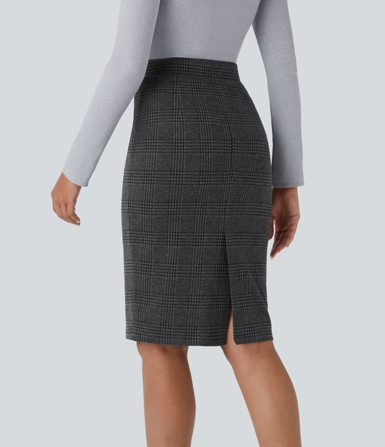 Saia Lapis de Trabalho Xadrez Pied-de-Poule de Cintura Alta