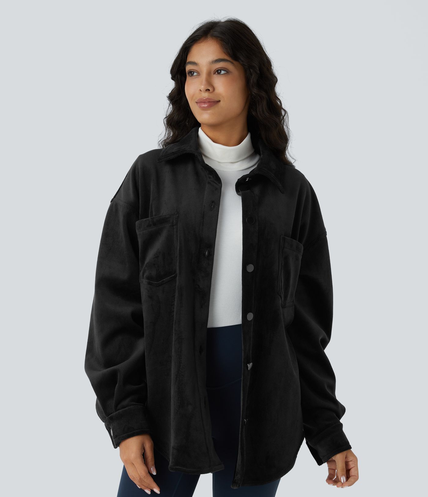 Collared button long sleeve chest pocket curved hem fleece corduroy casual jacket