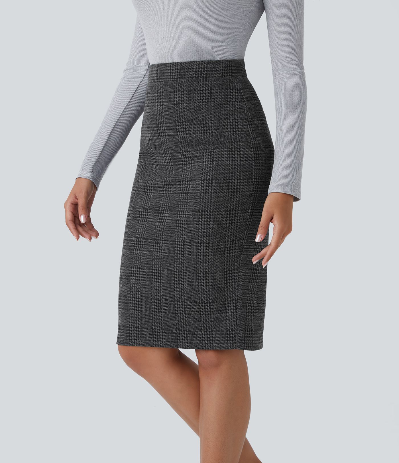 Saia Lapis de Trabalho Xadrez Pied-de-Poule de Cintura Alta