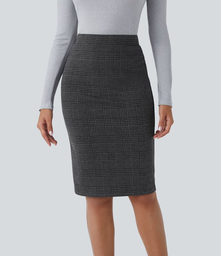 High Waisted Hem Houndstooth Plaid Work Pencil Skirt