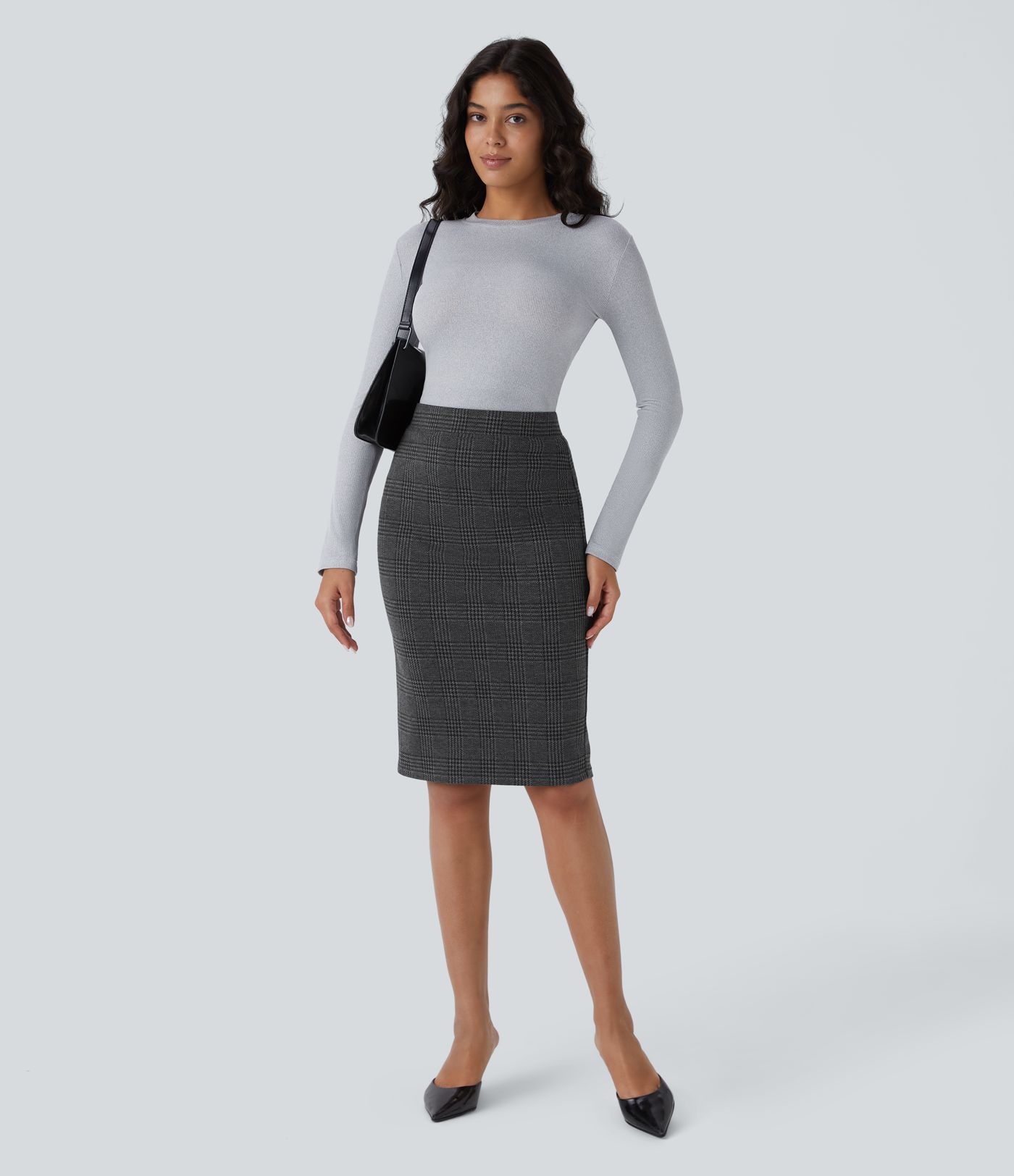 Saia Lapis de Trabalho Xadrez Pied-de-Poule de Cintura Alta