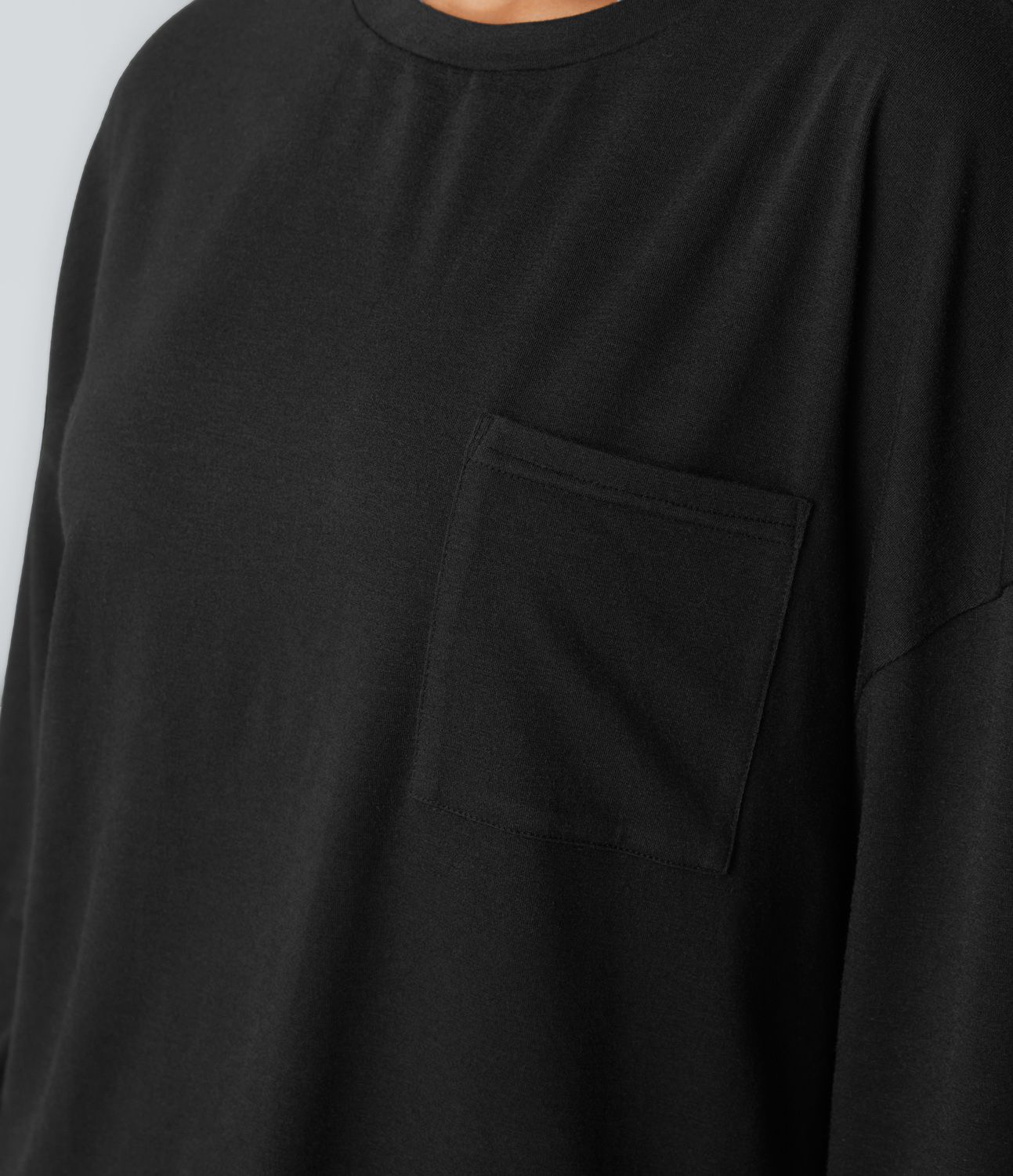 Round Neck Long Sleeve Chest Pocket Slit Hem Relax Casual Top