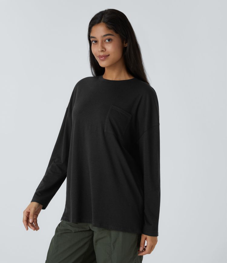 Round Neck Long Sleeve Chest Pocket Slit Hem Relax Casual Top