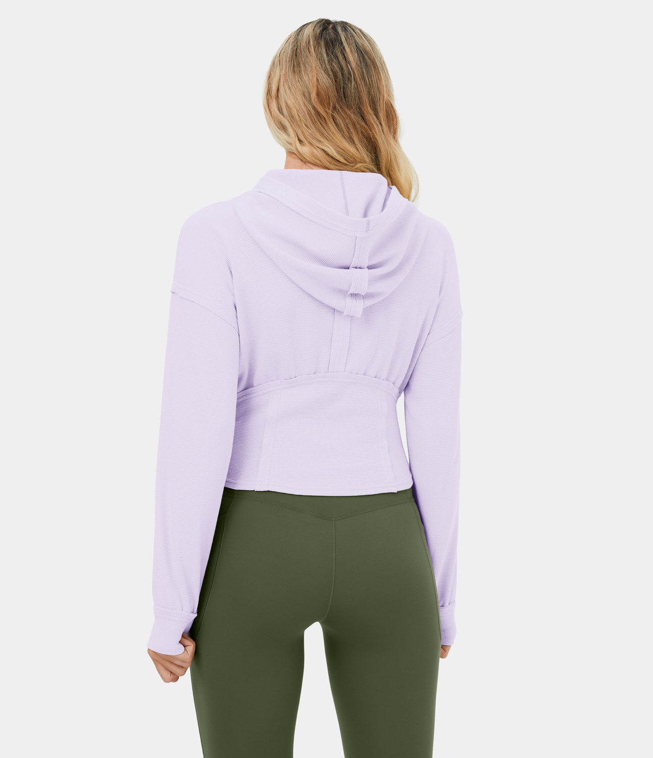 Sudadera con capucha informal de tejido waffle, con cremallera y corsé