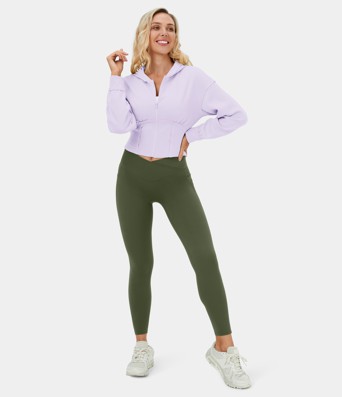 Sudadera con capucha informal de tejido waffle, con cremallera y corsé