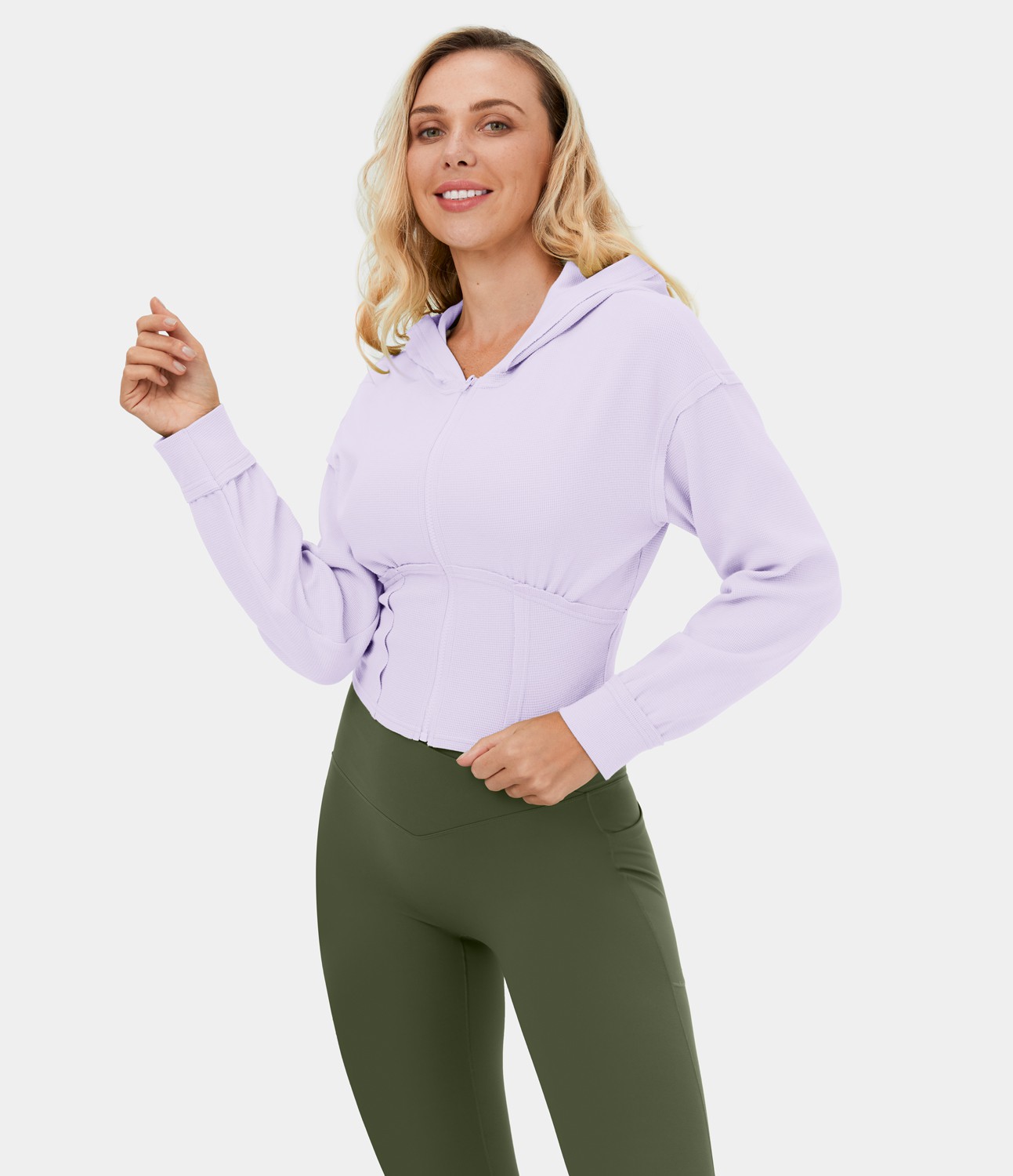 Sudadera con capucha informal de tejido waffle, con cremallera y corsé