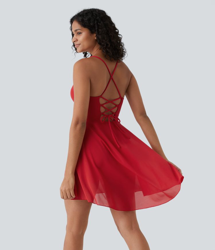 Backless Lace Up 2-in-1 Pocket High Low Contrast Mesh Flowy Mini Dance Active Dress