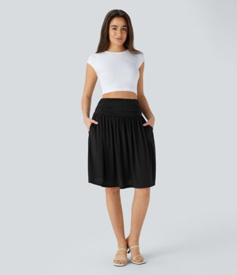 High Waisted Ruched Pocket Flowy Skirt