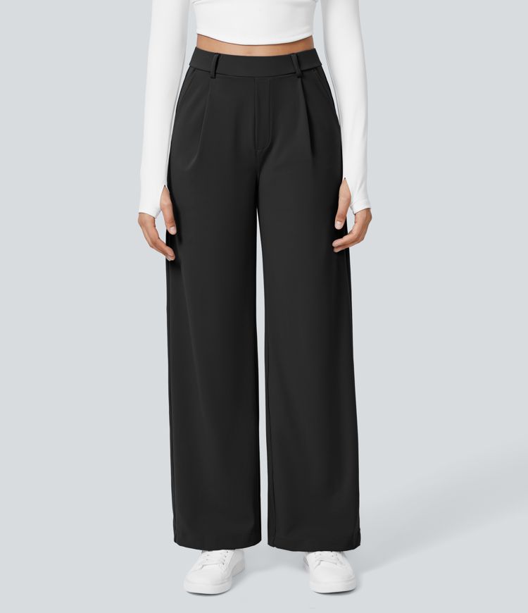 High Waisted Plicated Side Pocket Straight Leg Work Pants