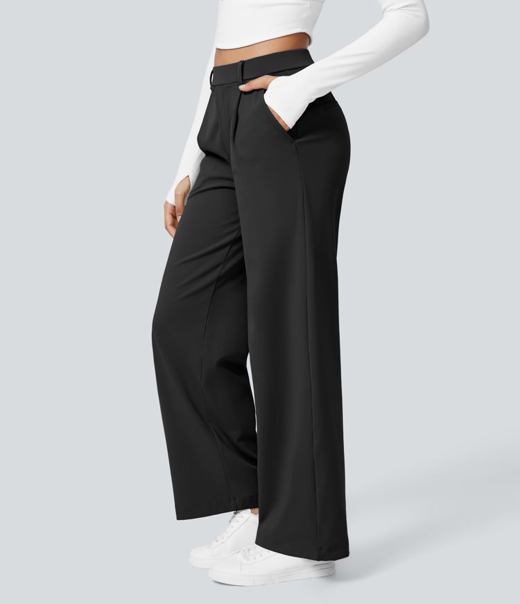 High Waisted Side Pocket Straight Leg Work Pants