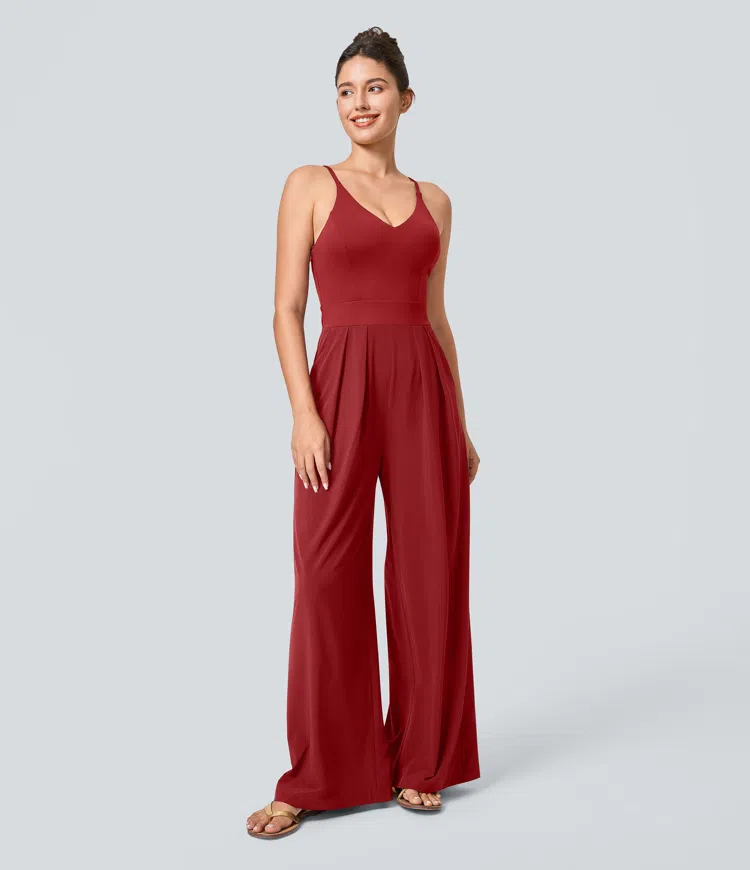 Breezeful™ Backless Side Invisible Zipper Pocket Wide Leg Quick Dry Resort Slip Jumpsuit