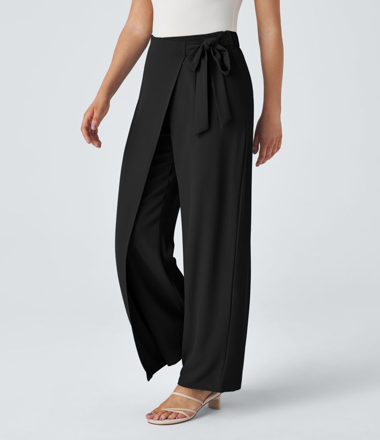 High Waisted Tie Side Invisible Zipper Wide Leg Work Pants