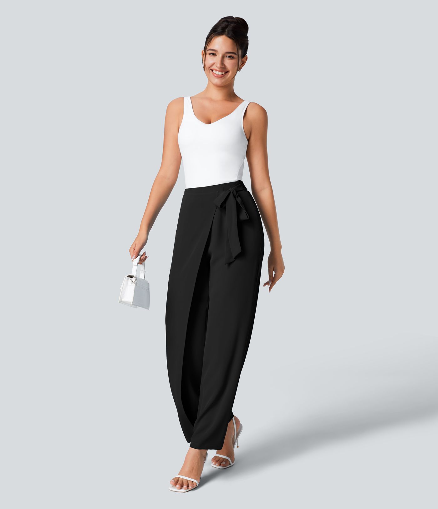 High Waisted Tie Side Wide Leg Women Suit Work Pants