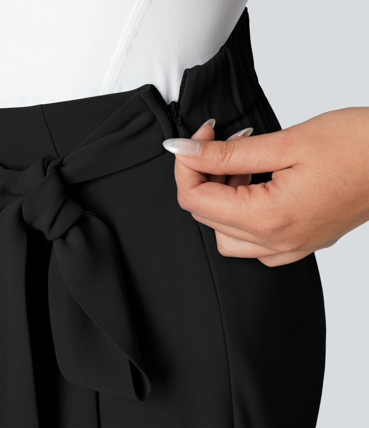 High Waisted Tie Side Wide Leg Women Suit Work Pants