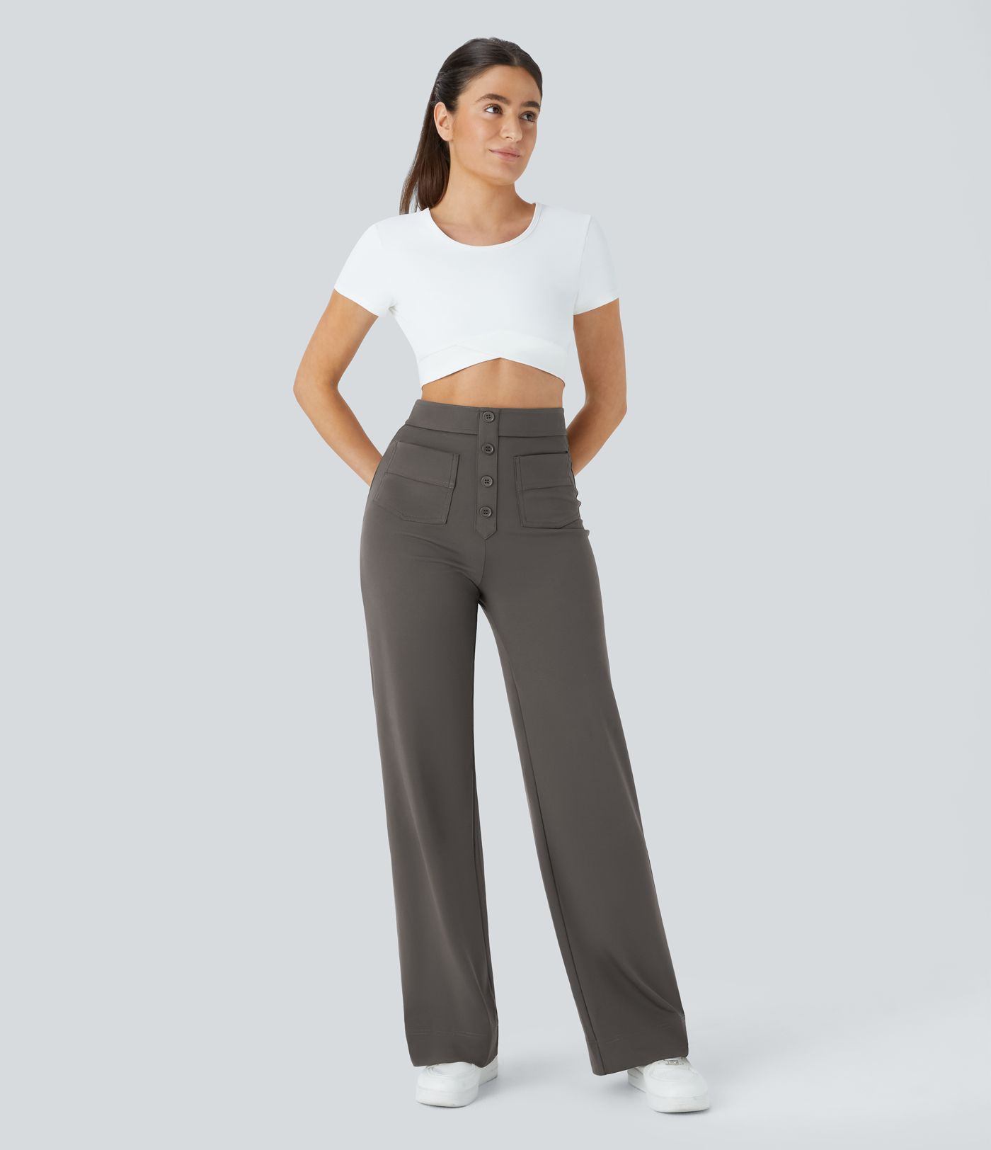 High Waisted with Pockets Straight Leg Stretchy Casual Pants