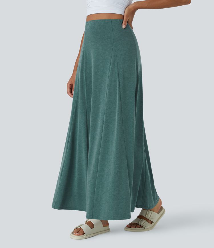 High Waisted Side Zipper Maxi Casual Flare Skirt