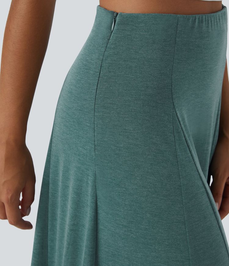 High Waisted Side Zipper Maxi Casual Flare Skirt