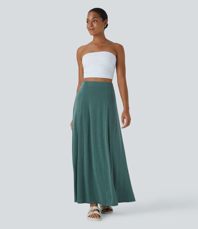 High Waisted Side Zipper Maxi Casual Flare Skirt