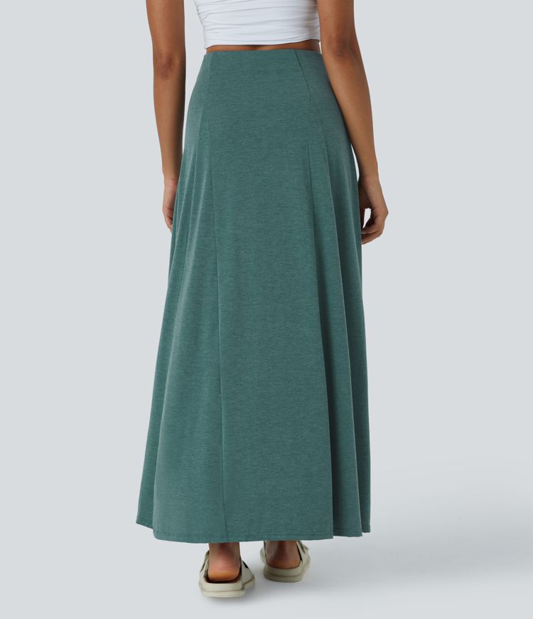 High Waisted Side Zipper Maxi Casual Flare Skirt